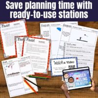 A tabletop features Gravity save planning time Earth Science activity sheets, markers, and a tablet playing "Danger: Falling Objects!" with cartoon characters. Text above promotes: Save planning time with ready-to-use science stations.