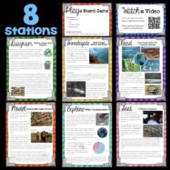 The "How People Affect the Earth Science Station UNIT BUNDLE" features eight colorful activity cards on environmental science, with diagrams, investigations, readings, modeling, sorting, a board game, and video activities in a vibrant grid.