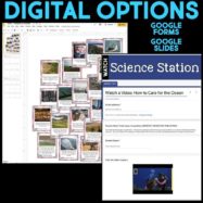 A collage shows digital classroom tools from How People Affect the Earth Science Station UNIT BUNDLE: Google Slides with images and text, and a Google Forms quiz about caring for the ocean. Text reads DIGITAL OPTIONS, GOOGLE FORMS, GOOGLE SLIDES.