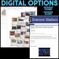 A collage shows digital classroom tools from How People Affect the Earth Science Station UNIT BUNDLE: Google Slides with images and text, and a Google Forms quiz about caring for the ocean. Text reads DIGITAL OPTIONS, GOOGLE FORMS, GOOGLE SLIDES.