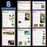 The Plant Growth Science Stations Unit BUNDLE includes eight colorful educational cards on plant growth, each with instructions, plant and soil images, diagrams, a video QR code, and a header reading “8 stations.”.