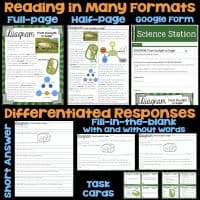 A classroom resource flyer for the Energy for Life Science Station BUNDLE offers reading materials and activities on diagrams in various formats: full-page, half-page, Google form, short answer sheets, fill-in-the-blank, and task cards.