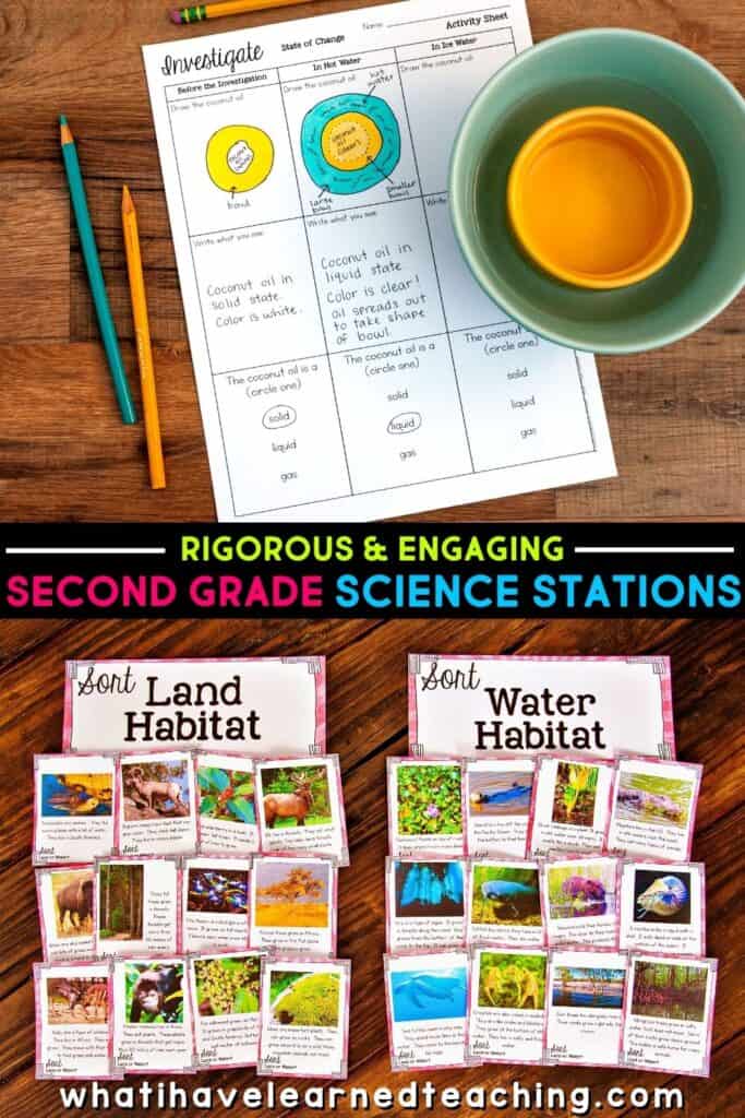 Rigorous Second Grade Science Centers for NGSS 4 Teachers - Do you need ideas and materials to teach second grade science? These Next Generation Science Stations are perfect for your science classroom. It includes physical science stations about the properties of matter, life science stations about habitats and how plants grow, and earth science stations about wind and water changes. And there's more! It's a complete year of science content for your elementary classroom.