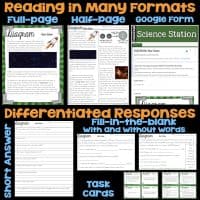 A collage showcases resources from The Universe and Stars Science Station UNIT BUNDLE, including full-page and half-page readings, a Google Form, and differentiated options like short answer, fill-in-the-blank, and task cards about star sizes.