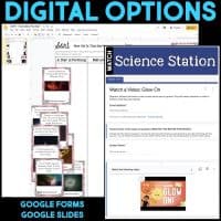 A collage displays digital options from The Universe and Stars Science Station UNIT BUNDLE: a Google Slides lesson on star formation (left) and a Google Forms Science Station with video assignment (right). Text reads “DIGITAL OPTIONS: GOOGLE FORMS GOOGLE SLIDES.”.