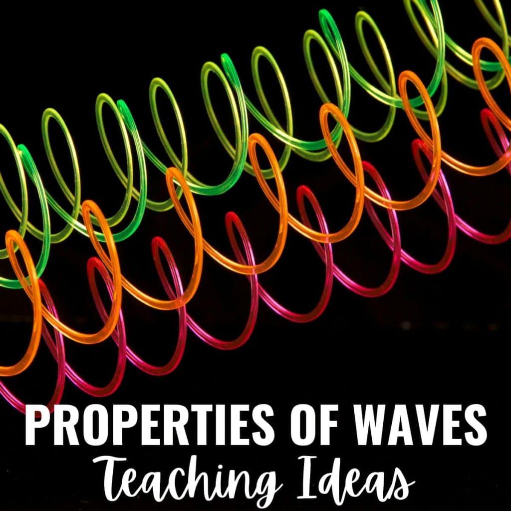 A colorful plastic spring toy is coiled in a wave pattern on a black background, illustrating Teaching about Waves and Technology. Text at the bottom reads, PROPERTIES OF WAVES Teaching Ideas.