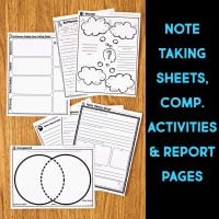 The Dolphin Comprehension Reading Passage & Activities includes black-and-white printable worksheets for note taking, comprehension activities, and reports, displayed on wood beside the text "NOTE TAKING SHEETS, COMP. ACTIVITIES & REPORT PAGES" in blue on black.