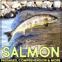 A salmon leaps upstream over a waterfall, rocks behind. Bold yellow text below: Dolphin Comprehension Reading Passage & Activities, plus Salmon and More!.