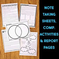 Five printable worksheets from the Dolphin Comprehension Reading Passage & Activities set, featuring a Venn diagram, comprehension tasks, and note-taking templates, arranged on wood. Text: NOTE TAKING SHEETS, COMP. ACTIVITIES & REPORT PAGES.