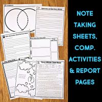 A set of six educational worksheet pages from "Dolphin Comprehension Reading Passage & Activities" is shown, featuring a cloze reading passage, Venn diagram, note-taking sheets, and thought bubble tasks next to bold blue text highlighting key features.