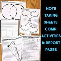 Dolphin Comprehension Reading Passage & Activities: printable worksheets with cloze passages, Venn diagrams, summary sheets, and note-taking templates—ideal for comprehension tasks and reports, shown on a wooden surface.