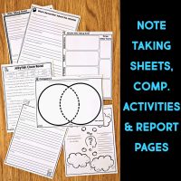 The Dolphin Comprehension Reading Passage & Activities includes note-taking sheets, comprehension activities, and report pages displayed on a wooden surface, with blue text highlighting these features on a black background.