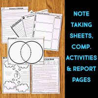 Black-and-white worksheets from the Dolphin Comprehension Reading Passage & Activities set—including comprehension tasks, note-taking sheets, a Venn diagram, and report pages—are displayed on a wooden surface. Blue text highlights key features.