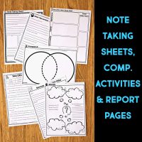 Six printable black-and-white worksheets from Dolphin Comprehension Reading Passage & Activities, for note-taking, comparison, comprehension tasks, and report writing, are spread on wood. A sidebar reads: NOTE TAKING SHEETS, COMP. ACTIVITIES & REPORT PAGES in blue.