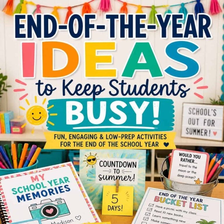 Create a vibrant classroom display featuring "Ideas to Keep Students Busy at the End of the Year" in bold, with engaging end-of-year activities, a summer countdown sign, and festive decorations to celebrate the season.