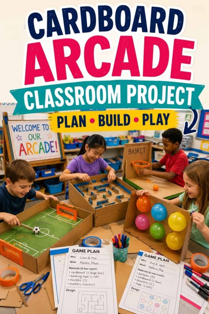 Four kids play with the cardboard arcade in a classroom, making this the perfect last week of school activity. The games include soccer, basketball, and a balloon pop. Signs say Cardboard Arcade Classroom Project and Plan Build Play. Supplies and game plans are on the table—an engaging way to keep students busy at the end of the school year.