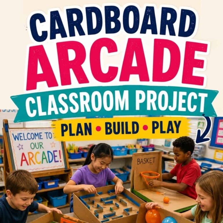 Four young children play with the cardboard arcade classroom project in a classroom. The sign above them reads, Cardboard Arcade Classroom Project: Plan, Build, Play. This creative activity is a fun way to keep students engaged at the end of the school year while fostering teamwork and imagination.