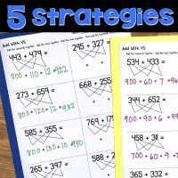 The Three-Digit Addition No-Prep Printable Practice Worksheets feature addition problems broken into hundreds, tens, and ones with color-coded steps and answers shown below each equation.
