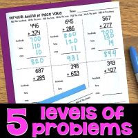 The Three-Digit Addition No-Prep Printable Practice Worksheets feature vertical addition problems organized by hundreds, tens, and ones columns with sums below. Includes a pen and a "5 levels of problems" header.