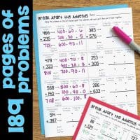 A Three-Digit Addition No-Prep Printable Practice Worksheet with math problems and purple ink answers is shown. A pink marker lies on the sheet. Bold blue text on the left says, "189 pages of problems.