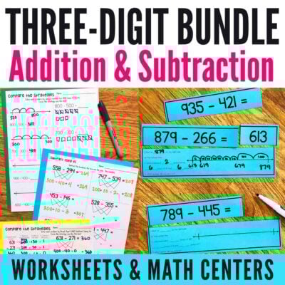Colorful Three-Digit Addition and Subtraction Worksheets and Math Stations BUNDLE are displayed on a wooden table with pencils. The worksheets feature math problems, strategies, number lines, and engaging activities for students.