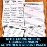 Five black-and-white worksheets from the "Owl Informational Article and Comprehension Activities" set are spread on a wooden surface. A blue caption reads: Note Taking Sheets, Comprehension Activities & Report Pages.