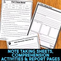 Three worksheets from the "Owl Informational Article and Comprehension Activities" are on a wooden surface, featuring a cloze reading task, note-taking sheet, and comprehension report page. Text below reads: “Note Taking Sheets, Comprehension Activities & Report Pages.”.