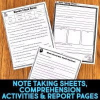 Three black-and-white printable worksheets for students, featuring an Owl informational reading passage, a note-taking sheet with boxes, and a comprehension activity. Text below reads: Note Taking Sheets, Comprehension Activities & Report Pages.