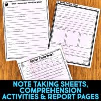 Three black-and-white printable worksheets for students are laid out on a wooden surface. The sheets focus on note-taking, comprehension questions, and a cloze reading activity about spiders.