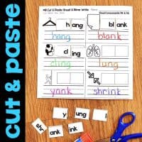 The Words with NG & NK Worksheets & Activities No-Prep Phonics Worksheets let kids cut and paste words ending in ng and nk using picture clues and letter pieces, with "Cut & paste" shown on the left of the worksheet.