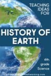 Text reads “Teaching ideas for History of the Planet Earth. 4th grade Science.” Background shows two satellite images of Earth, one at the top and one at the bottom, centered on North and South America.