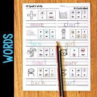 The R-Controlled Vowels Phonics Worksheets & Activities provide no-prep spelling practice. Each worksheet has images, scrambled letters, and blanks for words like chart, more, fern, girl, dwarf, purr, bark, and hurt. Two pencils are on the sheet.