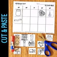 The "R-Controlled Vowels Phonics Worksheets & Activities No-Prep Phonics Worksheets" include a cut-and-paste activity for sorting ar, er, ir, or, and ur sounds with columns and black-and-white clipart for students to cut and glue.