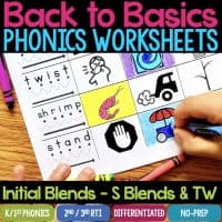 The Initial Blends S-Blends & TW Worksheets & Activities No-Prep Phonics Worksheets offers practice with initial S and TW blends, featuring coloring activities for words like twist, shrimp, and stand.