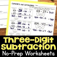 A worksheet titled Compare the Strategies shows examples of three-digit subtraction problems solved using different methods. Large text at the bottom reads Three-Digit Subtraction No-Prep Worksheets on a black background.