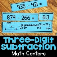 Blue math activity cards showing three-digit subtraction problems (935 - 421 and 879 - 266), with one card displaying a number line solution. The text reads: Three-Digit Subtraction Math Centers.