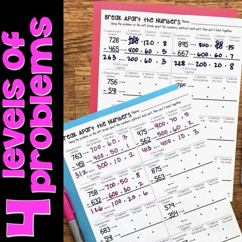 Three-Digit Subtraction.002-min Two worksheets titled Break Apart the Numbers show math problems with numbers split into expanded forms. Next to them is bold text reading 4 levels of 4 problems on a black background. A pink pen is also visible.