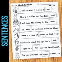 The “Long Vowel Teams AI & AY Worksheets & Activities No-Prep Phonics Worksheets” features a cut-and-paste worksheet with sentences using words like bee, creek, leech, cream, flea, and queen beside matching pictures.