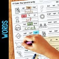 A hand colors with a purple crayon on a “Color the Word & Write” worksheet from the Long Vowel Teams AI & AY Worksheets & Activities. Words like “high,” “sit,” and “cried” are colored and written next to matching images, with "WORDS" in blue on the left.