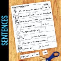 The Long Vowel Teams AI & AY Worksheets include a Cut & Paste Sentences activity with fill-in-the-blank sentences, images, and cut-out words like fright, night, lie, tied, fries. "SENTENCES" appears vertically on a blue sidebar.