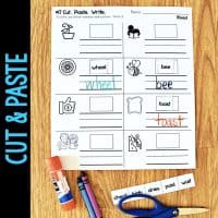 The Long Vowel Teams AI & AY Worksheets & Activities No-Prep Phonics Worksheets feature images and boxes for matching and writing words with ai/ay, plus cut-and-paste word strips. Scissors, glue stick, and markers are recommended for use.