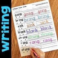 The Words with NG & NK Worksheets & Activities No-Prep Phonics Worksheets include a page with Read, Trace, and Write columns for NG words. A pencil is shown writing 'stung' in the Write column.