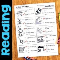 The "Initial & Final Blends Worksheets & Activities No-Prep Phonics Worksheets" includes a page with mixed blends: each row has a picture and three sentence choices, answers checked in red, crayons on the right, and “Reading” vertically on the left.