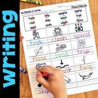 A child colors on an Initial & Final Blends Worksheets & Activities No-Prep Phonics Worksheet, matching words such as skip, spend, and clash to black-and-white pictures. Large blue writing appears vertically on the left side.