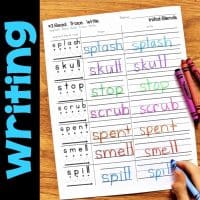 The Initial Blends S-Blends & TW Worksheets & Activities provide no-prep phonics practice with words to read, trace, and write (splash, skull, stop, etc.), plus a worksheet shown with crayons beside it.