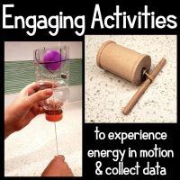 Two activities from the Energy in Motion 5E Science Unit Plan: left, a plastic bottle with a balloon and string inside; right, a wooden spool car with pencil axle. Text: Engaging activities to experience energy in motion & collect data.