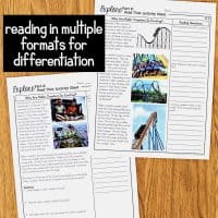 Two worksheets from Energy in Motion 5E Science Unit Plan for Fourth Grade 4-PS3-1 are on a wooden surface. Each features text, color roller coaster photos, lined writing areas, and a black box stating "reading in multiple formats for differentiation.