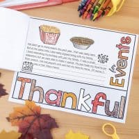 The Thankful Craftivity Flap Book is a colorful children's worksheet featuring handwritten text about favorite memories, popcorn and pie illustrations, and surrounded by colored pencils, leaves, and art supplies.