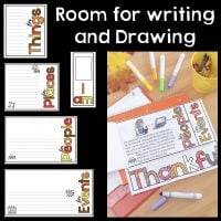 A collage shows the Thankful Craftivity Flap Book worksheets labeled Things, Places, People, and Events with space for writing and drawing. On the right, the worksheets, colored markers, and a notebook are displayed on a table.