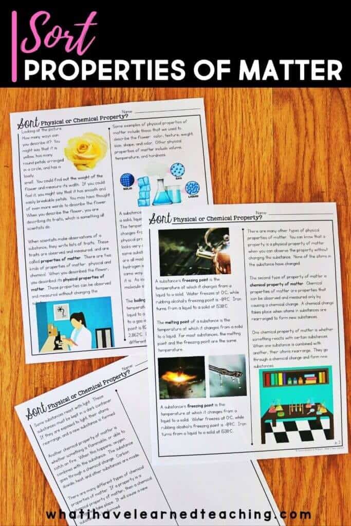 Four printed "Sort_ Properties of Matter" worksheets are displayed on a wooden surface. The pages feature text, images, and illustrations focused on identifying the properties of matter.